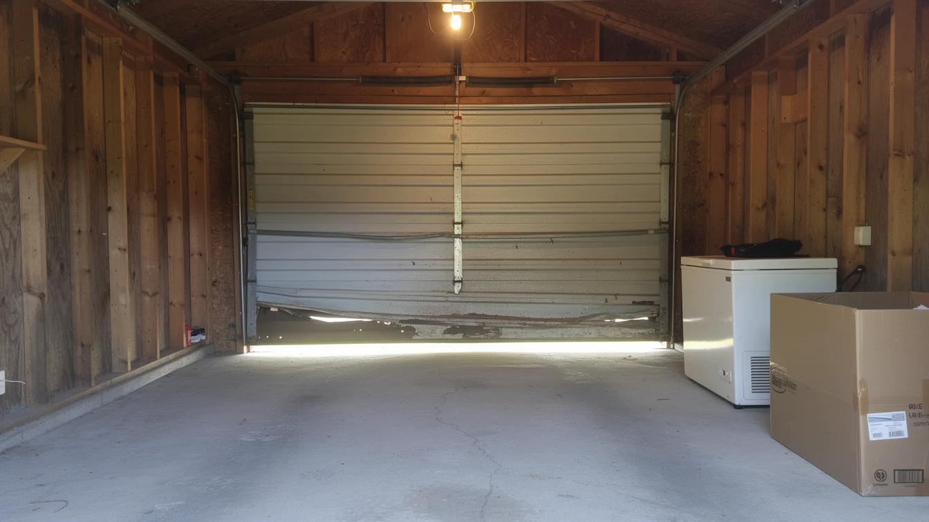 The damaged garage door is bent inward at the bottom.