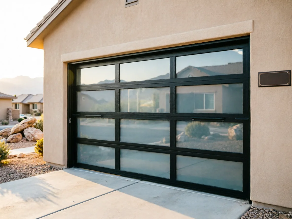A modern black garage door with frosted glass panels on a tan house.