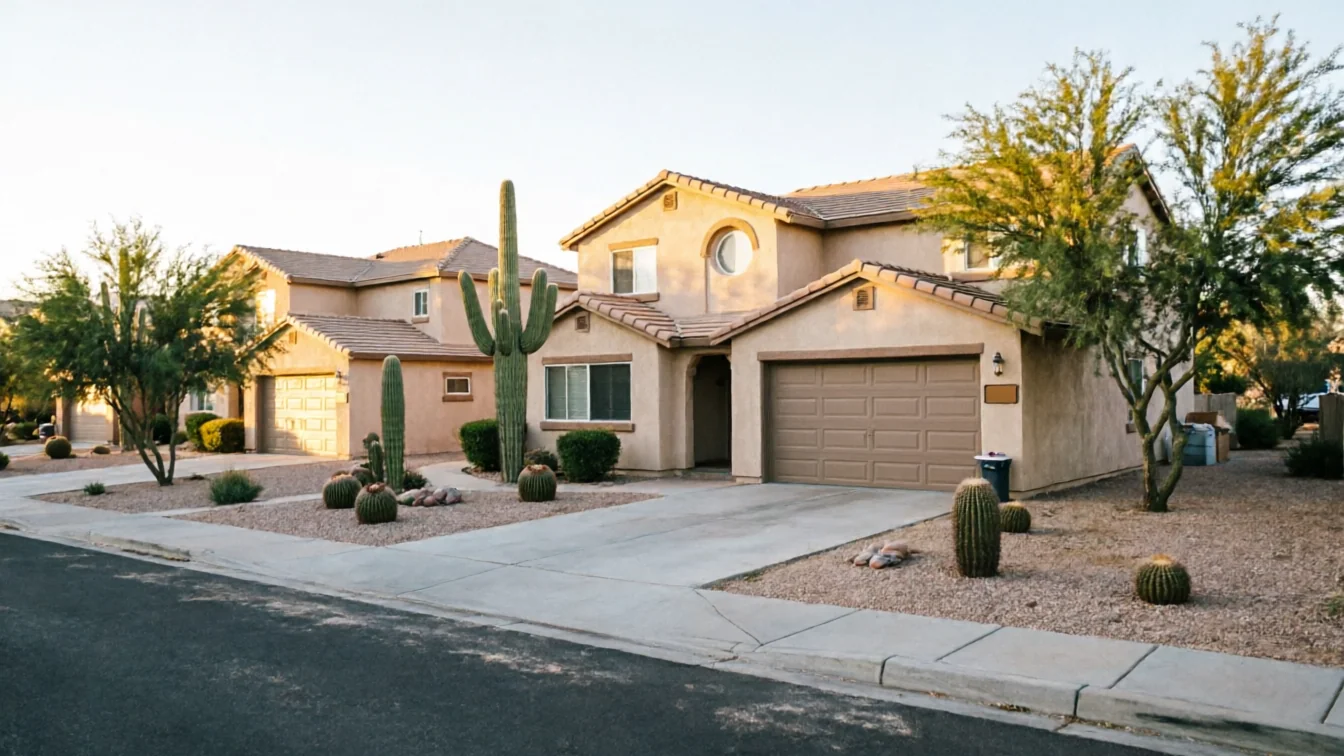 A tan house with a brown garage door is surrounded by desert landscaping.