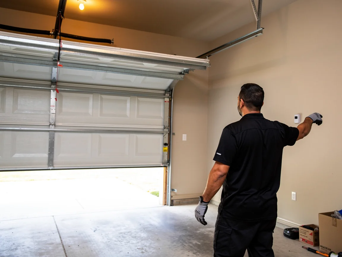 A technician in a black shirt stands in a garage with an open garage door.