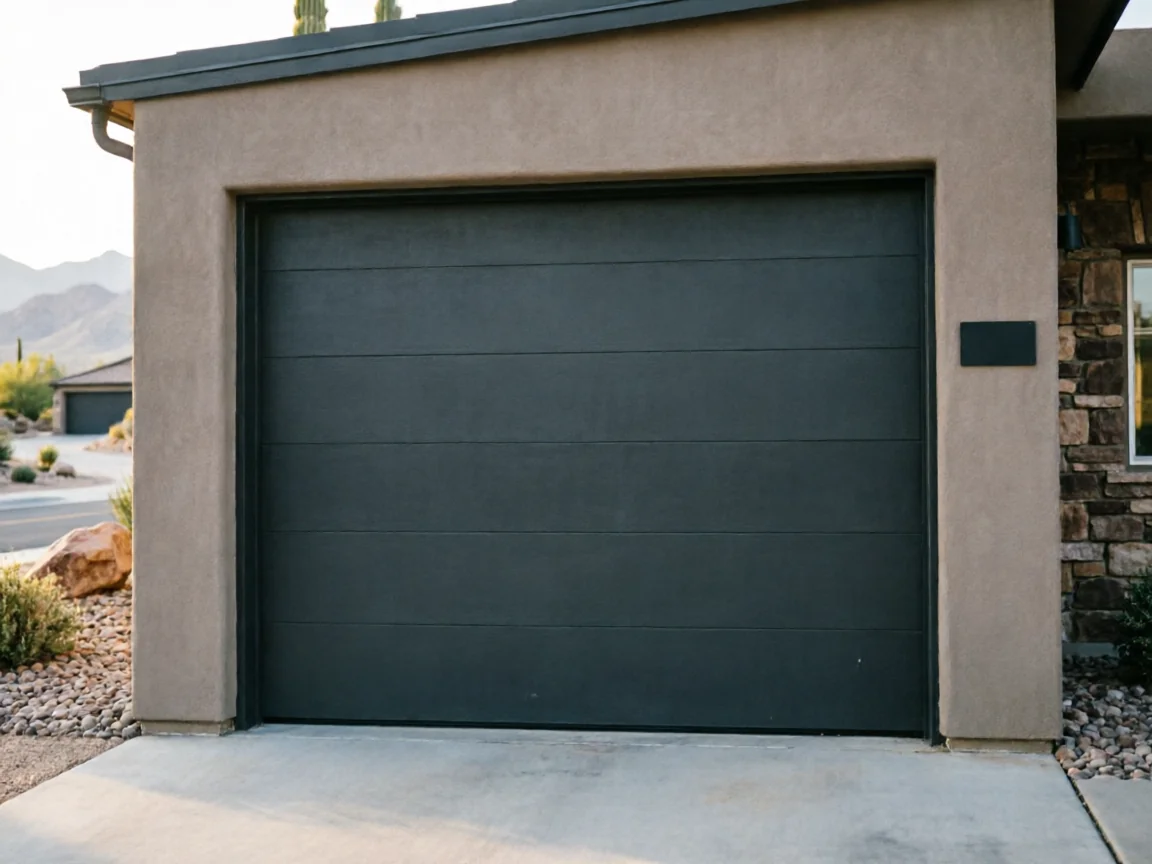 A modern dark gray garage door is installed on a tan stucco house.