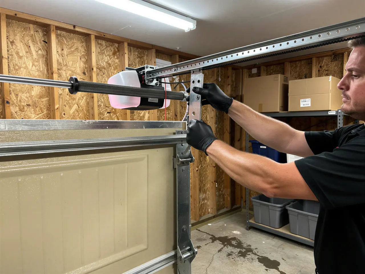 A technician in black gloves adjusts the garage door opener rail.