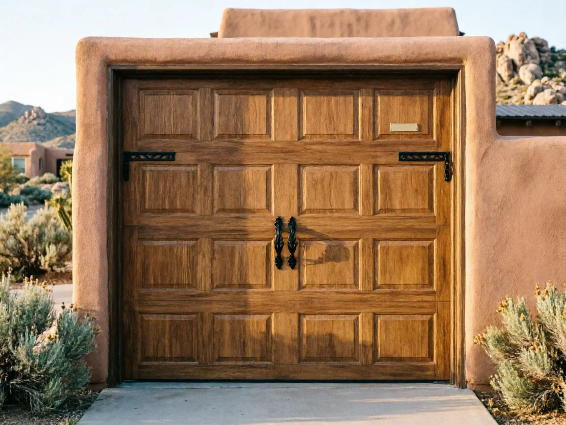 A wooden garage door with decorative black hardware is set in a stucco archway.